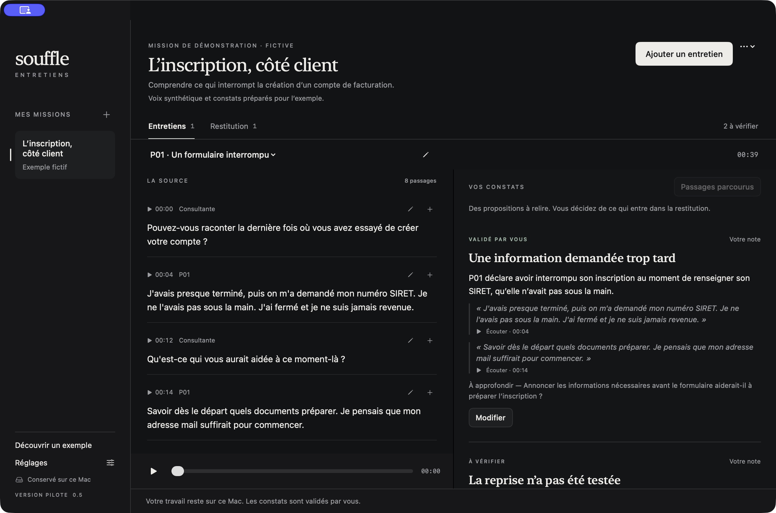 Application Mac Souffle Entretiens : la transcription à gauche et les constats avec leurs citations réécoutables à droite.